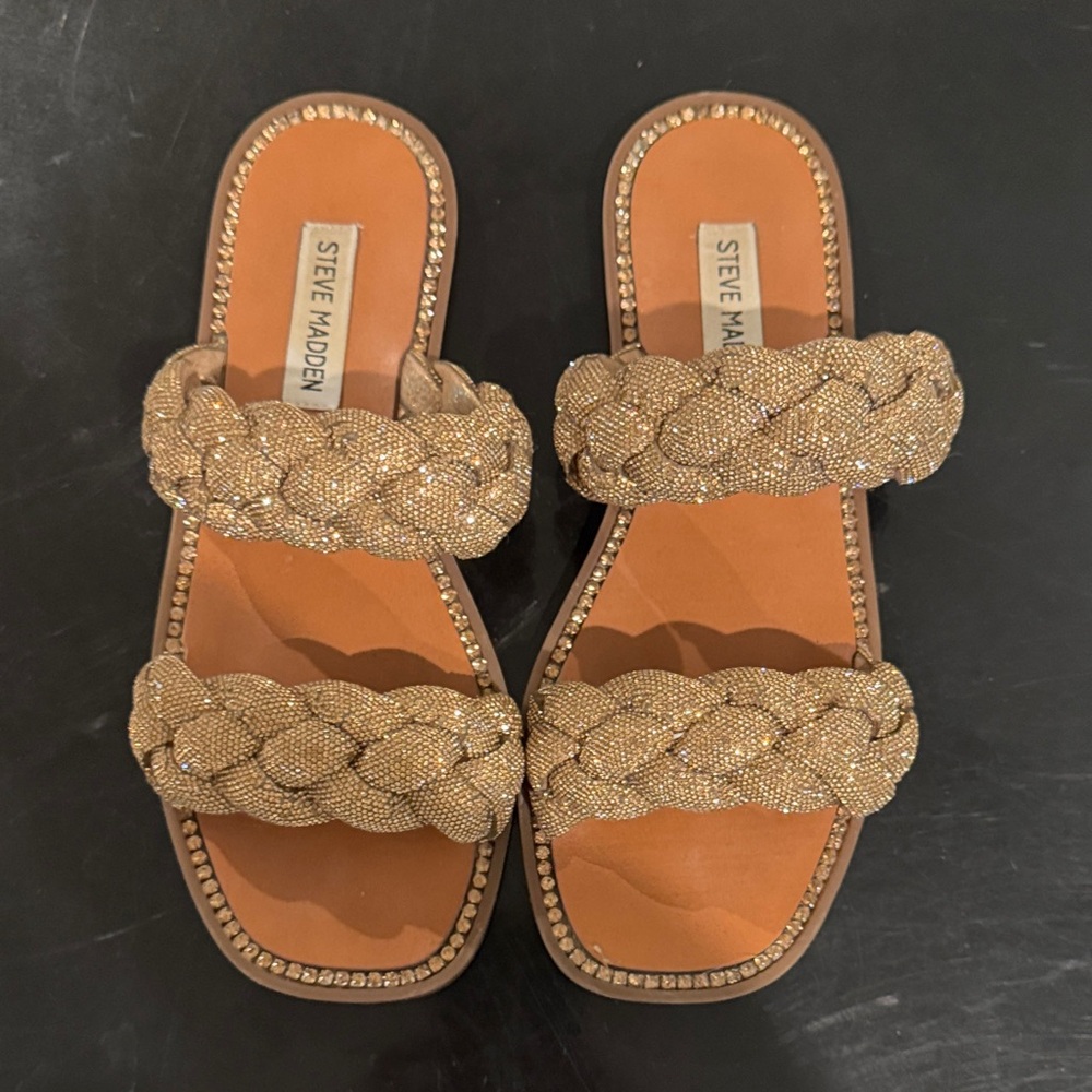 Steve Madden Metallic Gold Braided Double-Strap Slide Sandals